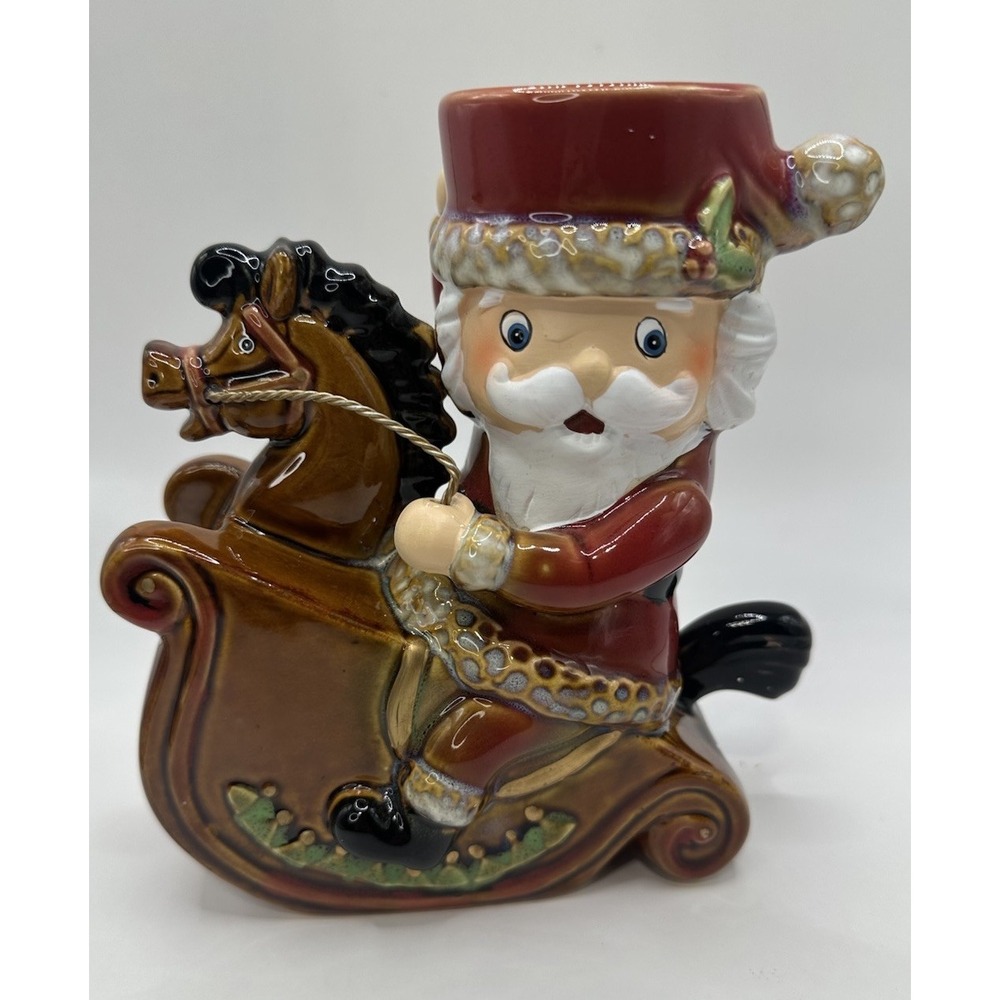 Santa on Rocking Horse Votive Holder Yankee‎ Candle Pottery 6 3/4" Red Brown